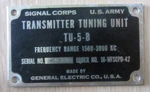 Vintage Id Plate Signal Corps U.s. Army Transmitter Tuning Unit TU-5-B. Fixed Price $25.00.