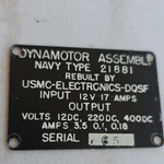 Navy Dynamotor Assembly Identification Plates Type 21881 TCS-12 Collins Radio. Fixed Price $79.95.